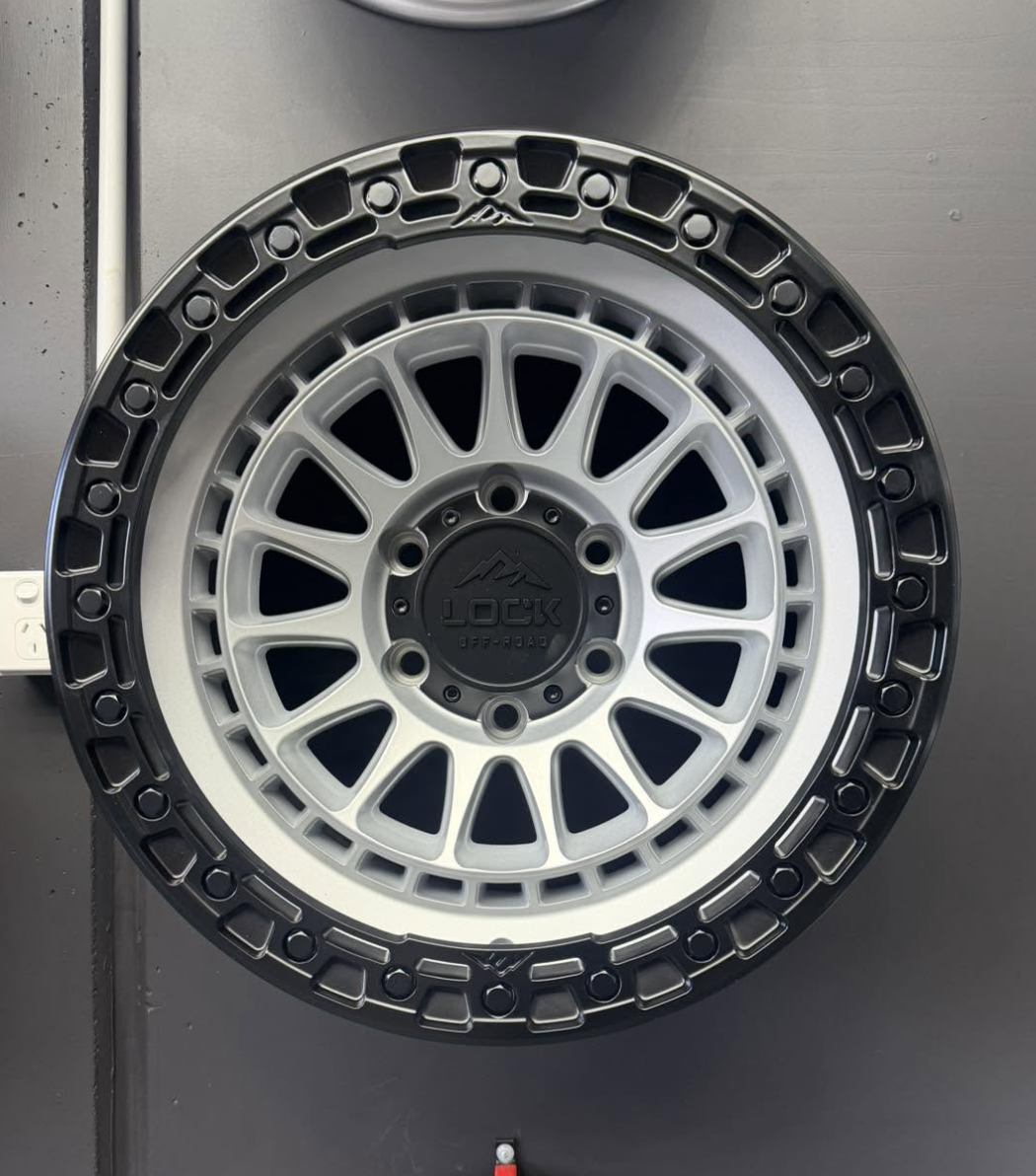 Lock Off-Road simulated beadlock alloy wheel on the display wall at Australia's Most Wanted Wheels and Tyres Bathurst in Kelso
