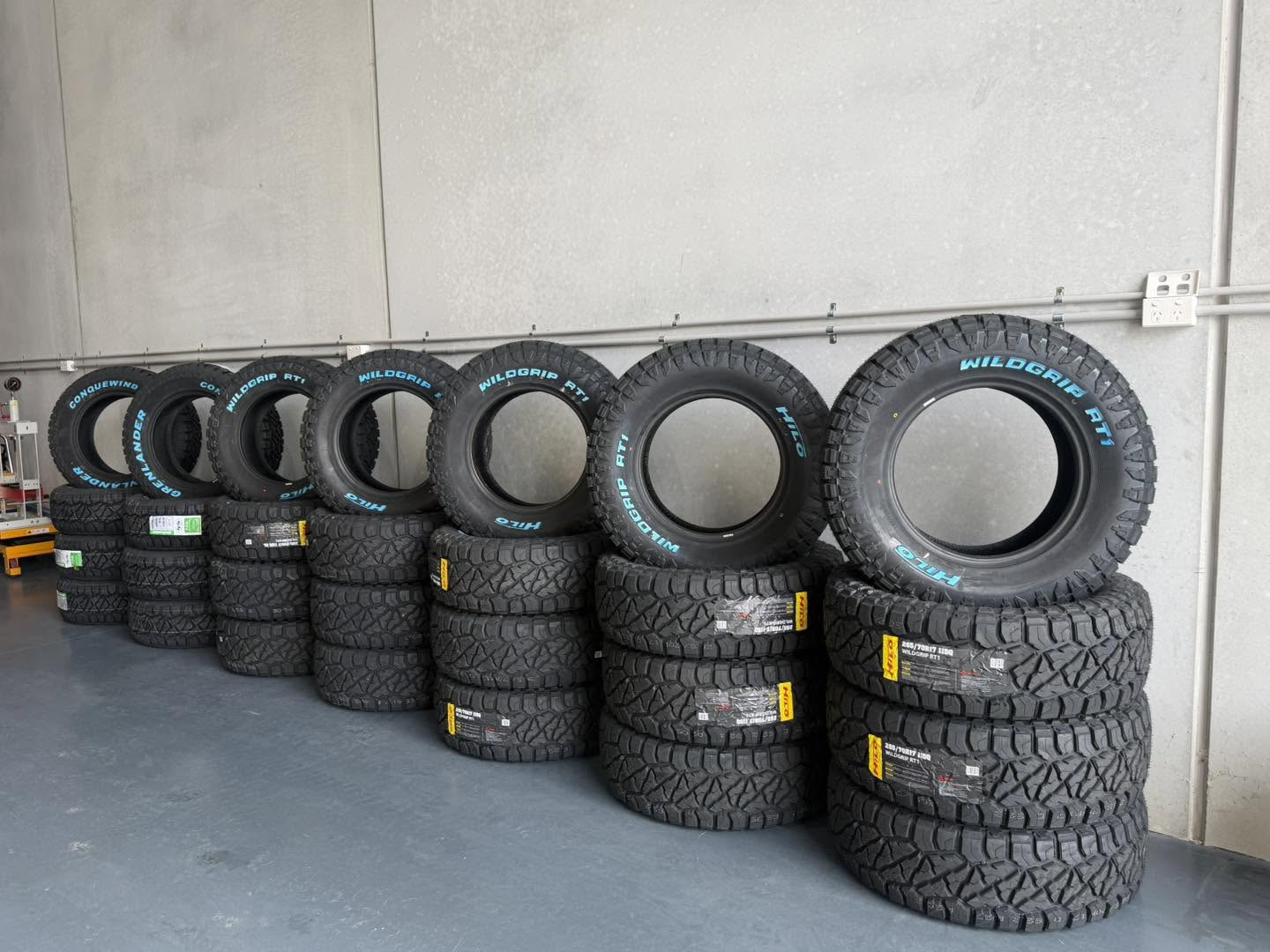 Rows of new 4x4 and passenger tyres in stock at Australia's Most Wanted Wheels and Tyres Bathurst