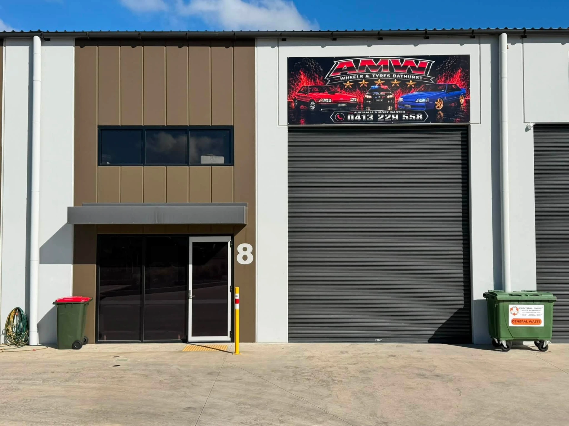 Australia's Most Wanted Wheels and Tyres Bathurst workshop exterior and signage in Kelso