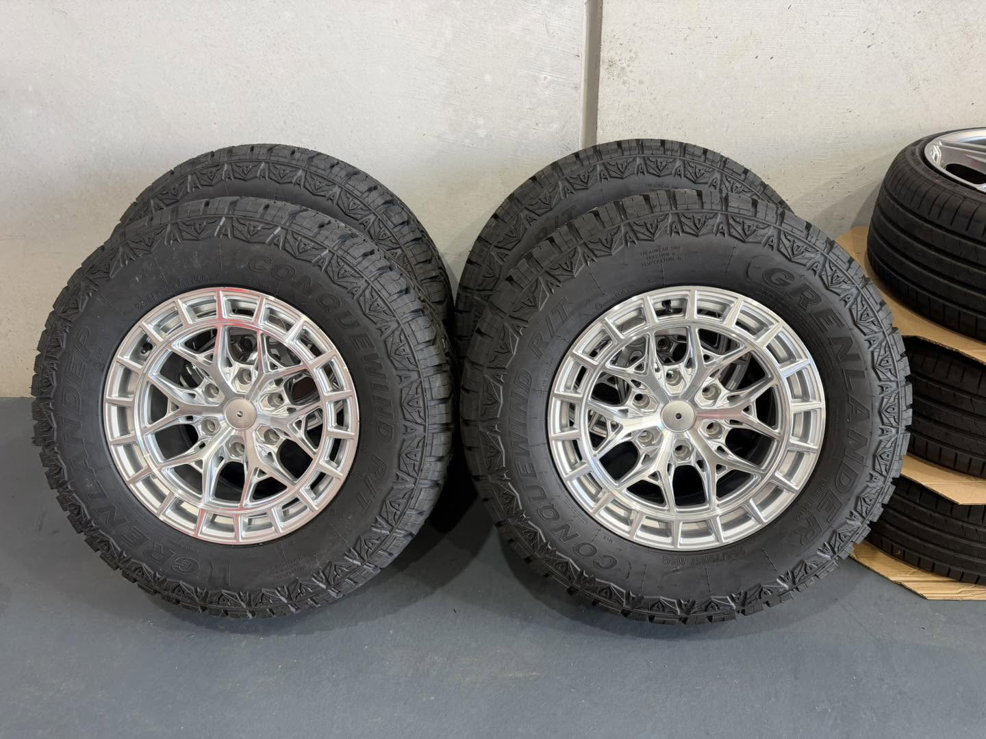 Pair of new alloy wheels fitted with Grenlander Conquewind all-terrain tyres ready for collection at Australia's Most Wanted Wheels and Tyres Bathurst in Kelso